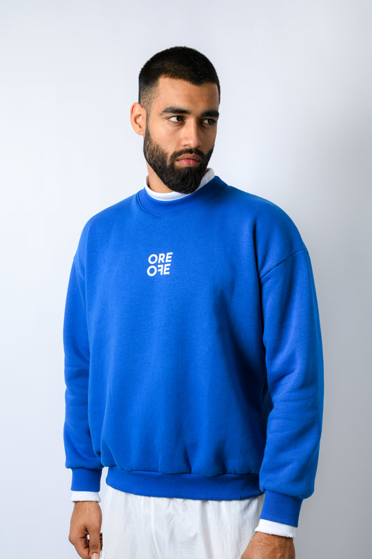 Model wearing sweatshirt features multi-color contrast panels in striking bright blue and white