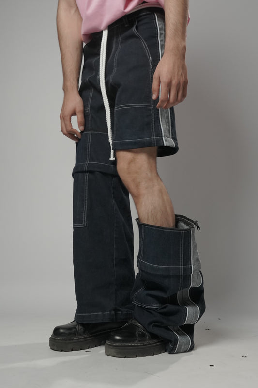 Male Model wearing 3 ways detachable pants, where he has detached one leg of the pant