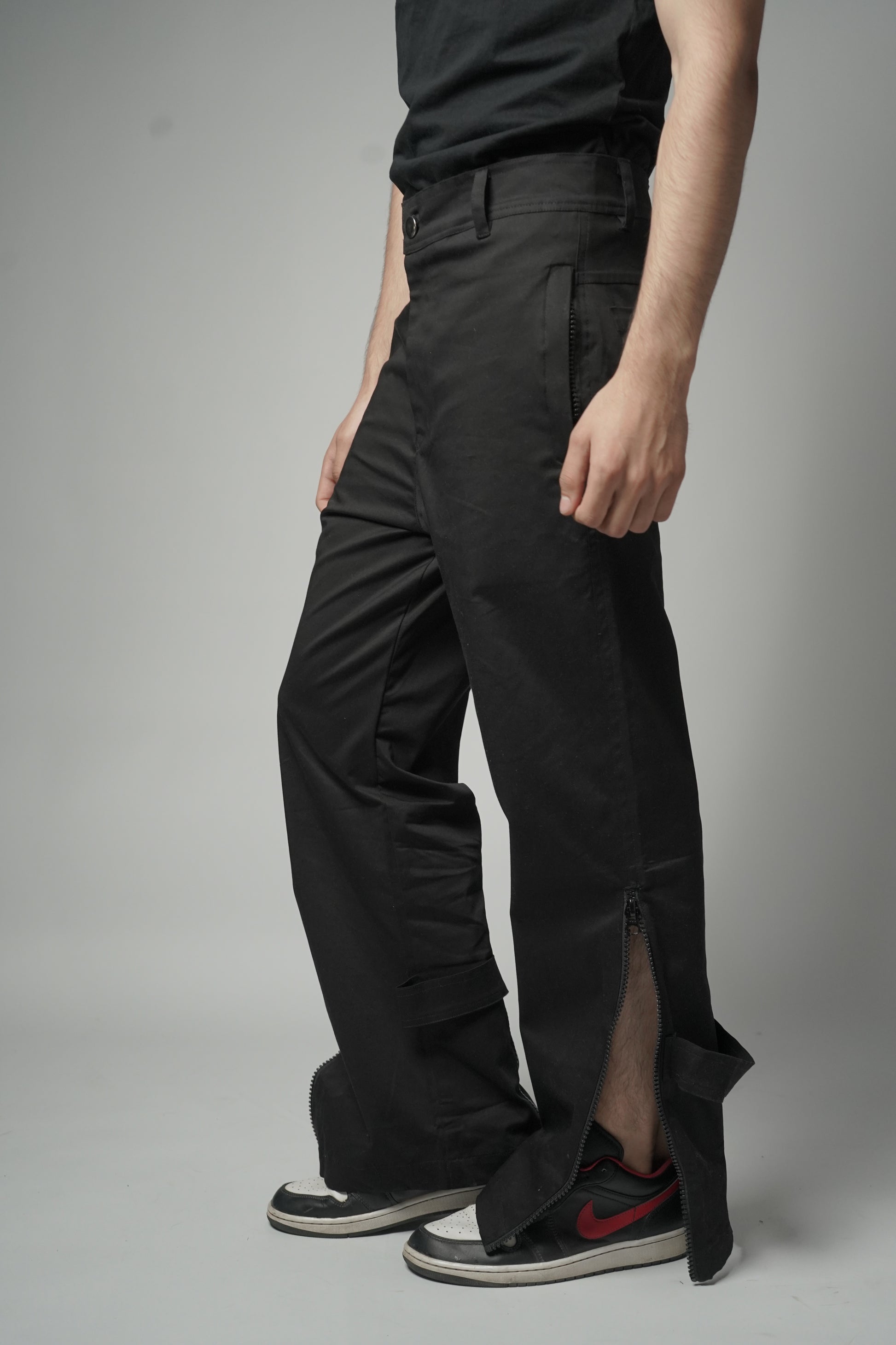 Black Baggy Zipper Pants with Utility zips, leg-revealing zips, and back-flaring zips