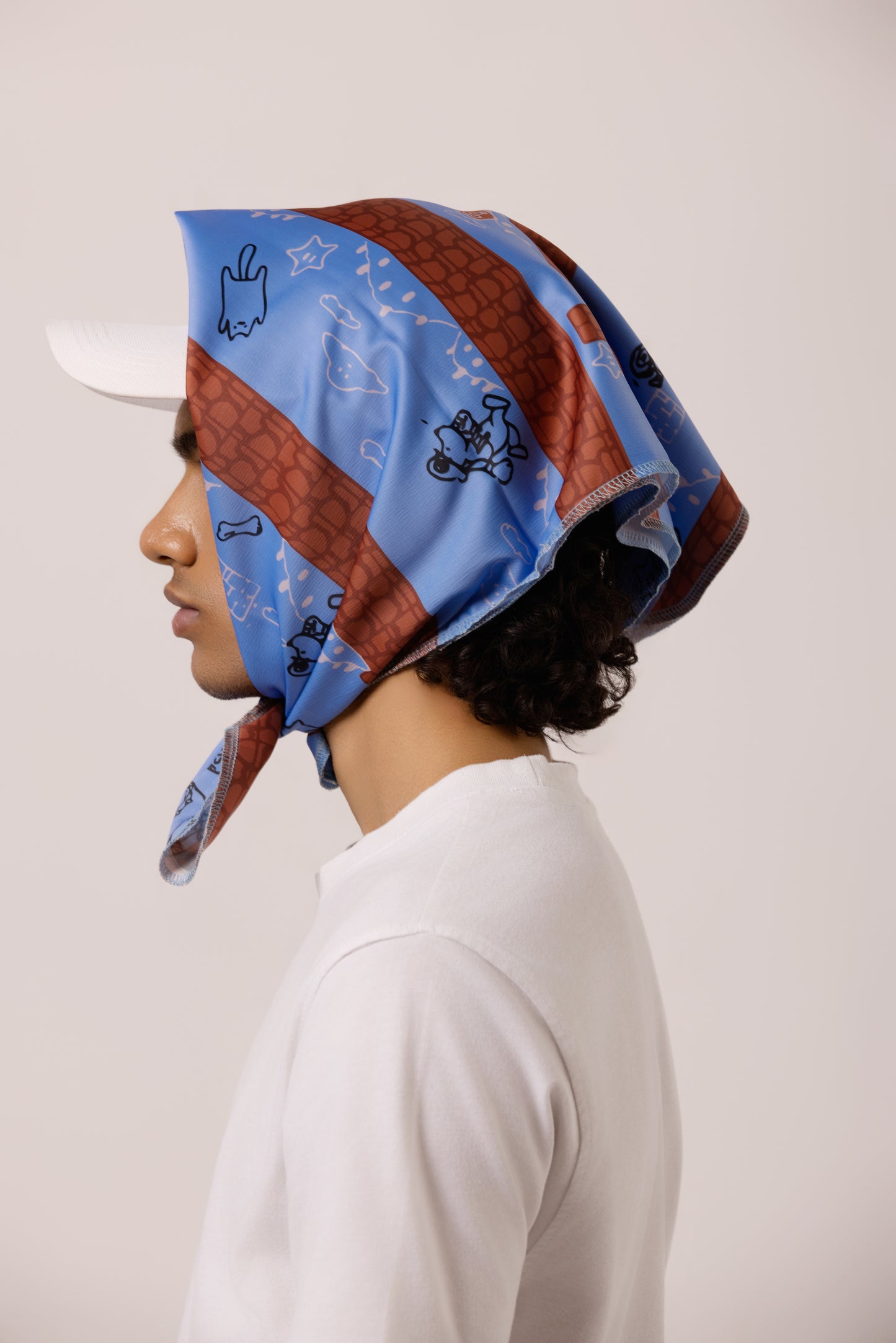 Model wearing the Super Mario-inspired bandana as a headband, featuring a playful, pixelated pet design