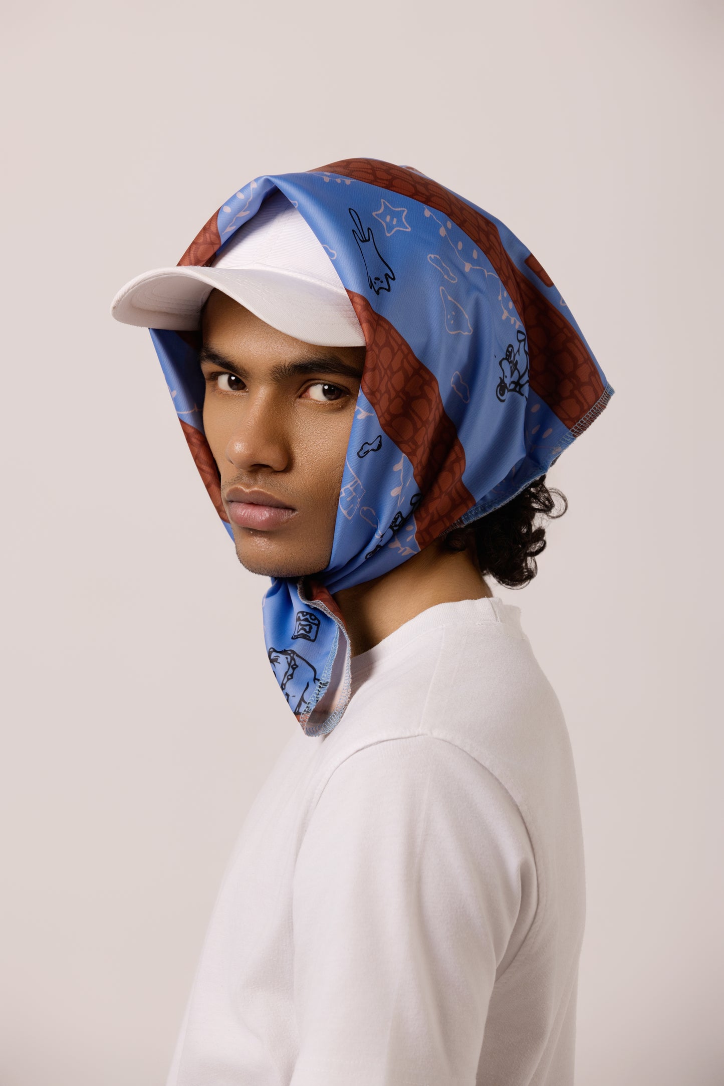 Model wearing the Super Mario-inspired bandana as a headband, featuring a playful, pixelated pet design