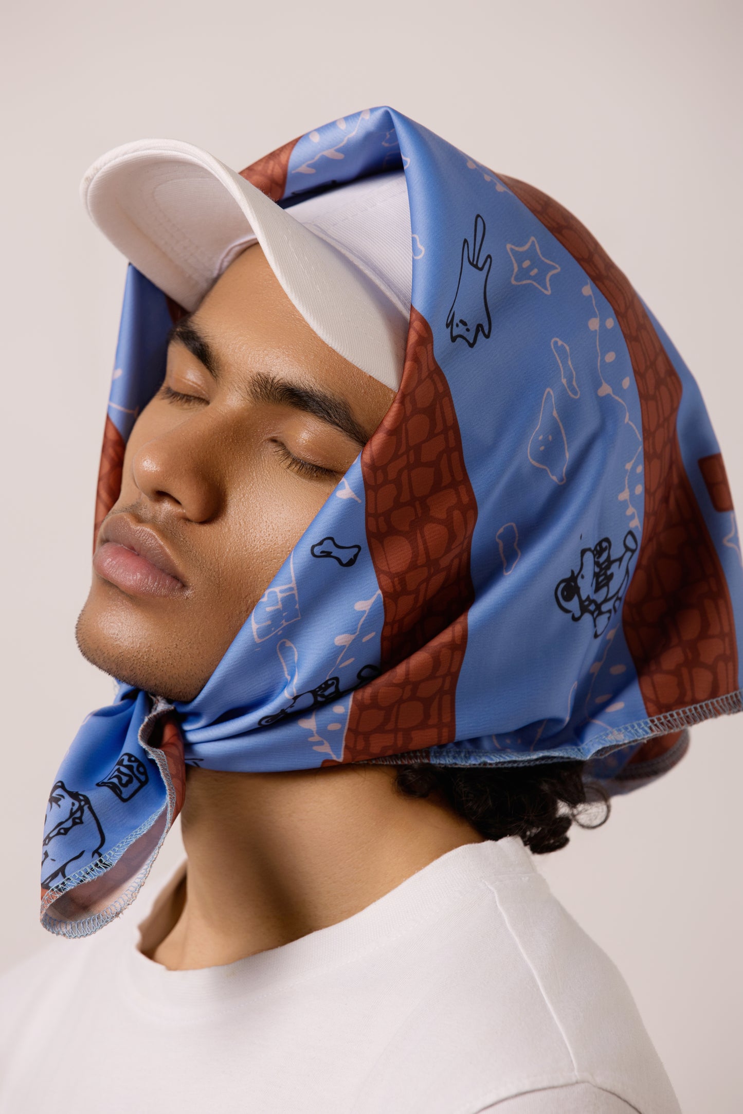 Model wearing the Super Mario-inspired bandana as a headband, featuring a playful, pixelated pet design