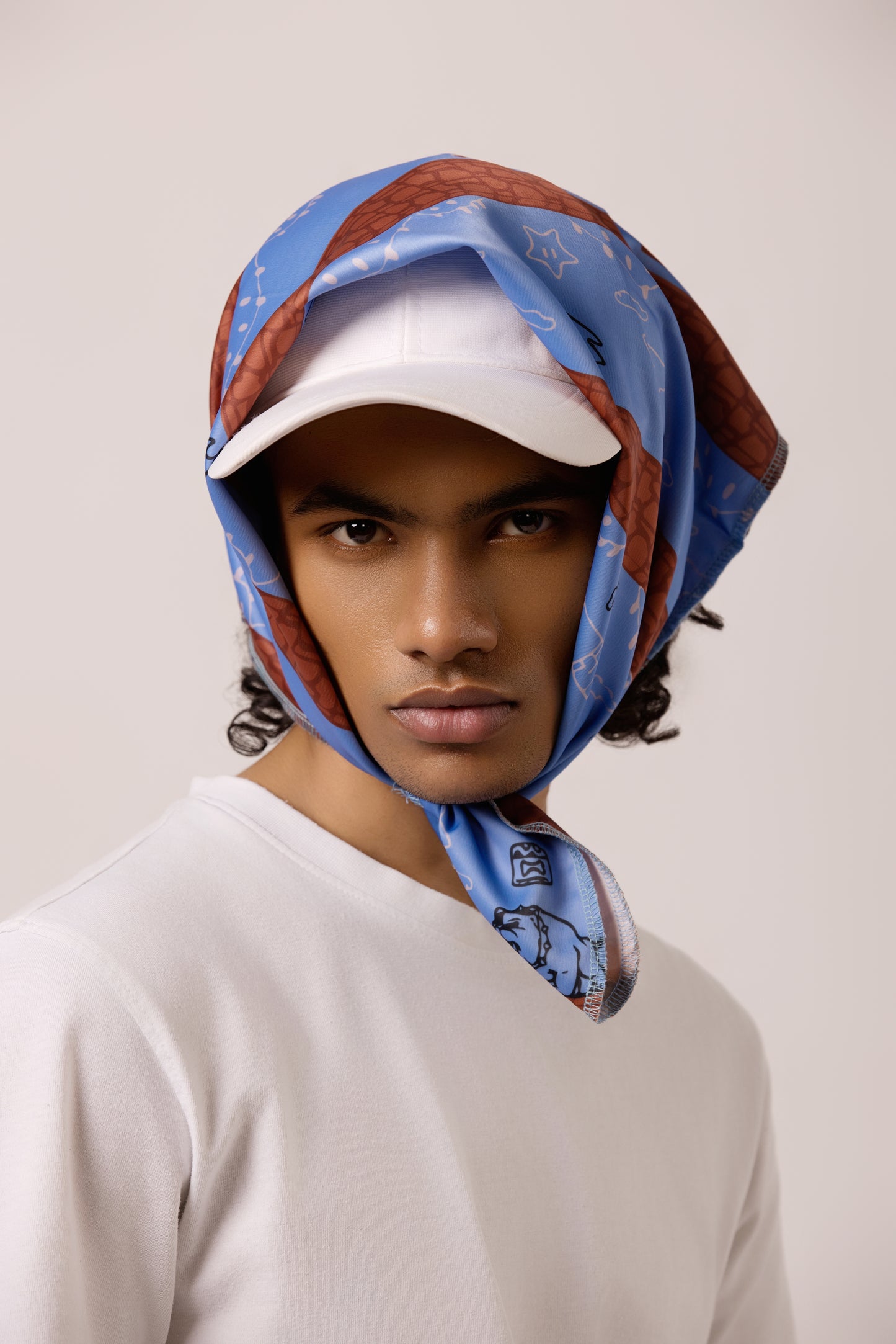 Model wearing the Super Mario-inspired bandana as a headband, featuring a playful, pixelated pet design