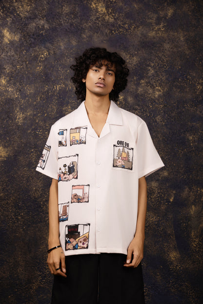 Model wearing the Slow Life Button-Down Shirt made from Silk Satin, featuring a sublimation print.